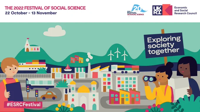 Graphic shows people exploring a city and the ESRC Festival of Social Science title and logo