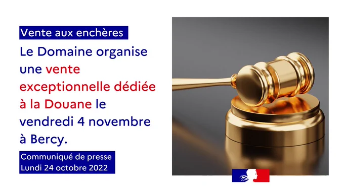 Vente aux enchères.
Le Domaine organise une vente exceptionnelle dédiée à la Douane le vendredi 4 novembre à Bercy.
Communiqué de presse du lundi 24 octobre 2022.