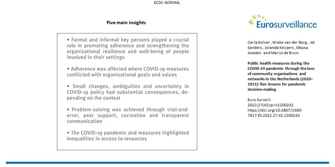 The picture shows the five main insights for pandemic decision-making

• Formal and informal key persons played a crucial 
role in promoting adherence and strengthening the organisational resilience and well-being of people involved in their settings
• Adherence was affected where COVID-19 measures conflicted with organisational goals and values
• Small changes, ambiguities and uncertainty in COVID-19 policy had substantial consequences, depending on the context
• Problem-solving was achieved through trial-anderror, peer support, cocreation and transparent communication
• The COVID-19 pandemic and measures highlighted inequalities in access to resources