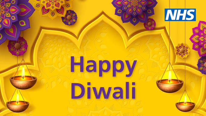 Graphic with pink and purple mandala patterns and divas. Text reads: "Happy Diwali"