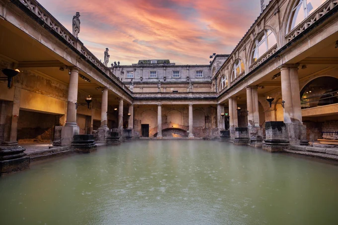Photo of the Great Bath at sunset.