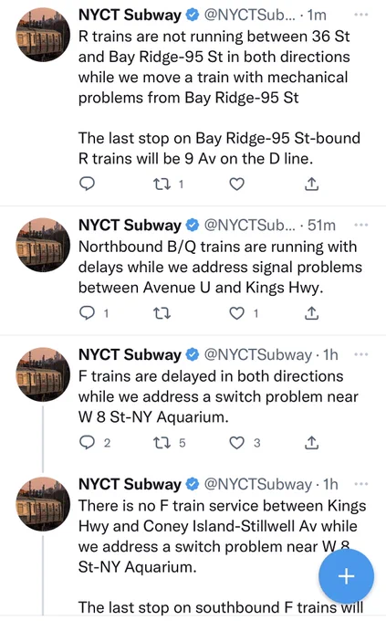 Screen shots of delay announcements from the nyctsubway twitter feed.