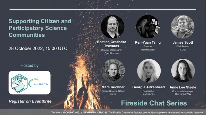 Supporting Citizen and Participatory Science Communities, hosted on 28 October 2022 at 15:00 UTC. Logos for The Turing Way and AutSPACEs. Featuring Bastian Greshake Tzovaras, Pen-Yuan Tsing, James Scott, Marc Kuchner, Georgia Aitkenhead, Anne Lee Steele.