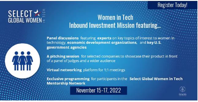 SelectUSA Women in Tech - Virtual Investment Mission - Nov 15-17 2022.  As part of its SelectUSA Tech program, SelectUSA’s Select Global Women in Tech (SGWIT) program aims to promote American competitiveness and technology leadership by attracting talented female leaders in emerging technology sectors to spur economic growth and innovation, as well as to support women’s economic empowerment globally.

To support this effort, SelectUSA will host a virtual Inbound Investment Mission in November 2022 focused on Women in Tech. Programming will run from November 15-17, in addition to a networking platform open to participants. Join us to build new skills, make new contacts, ignite new ideas, achieve your goals, and reinvigorate your work.
Learn more about this opportunity geared toward Women in Tech by visiting our upcoming events page
