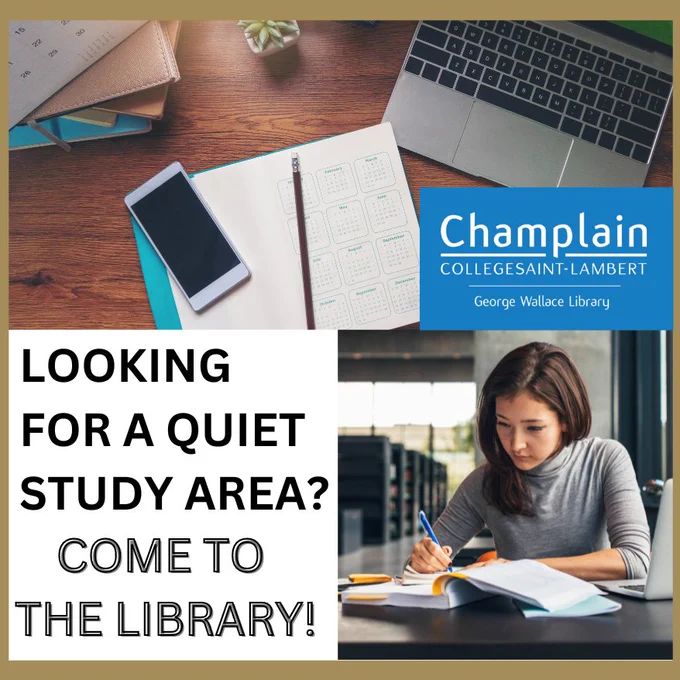 Laptop, cell phone, agenda, small plant and a pile of books in the image at the top. Female student studying near window in a library. Text says : Looking for a quiet study area? Come to the library, Logo.