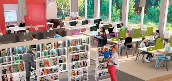 Computer rendered image courtesy of Libraries Ireland. Image is of bookshelves with people browsing the books and tables with computers and empty tables with different people sitting