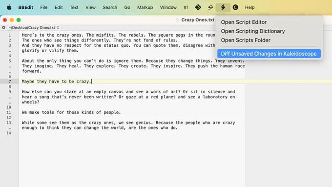 The Script menu in BBEdit showing the new Diff Unsaved Changes in Kaleidoscope script, provided by Kaleidoscope 3.7.1