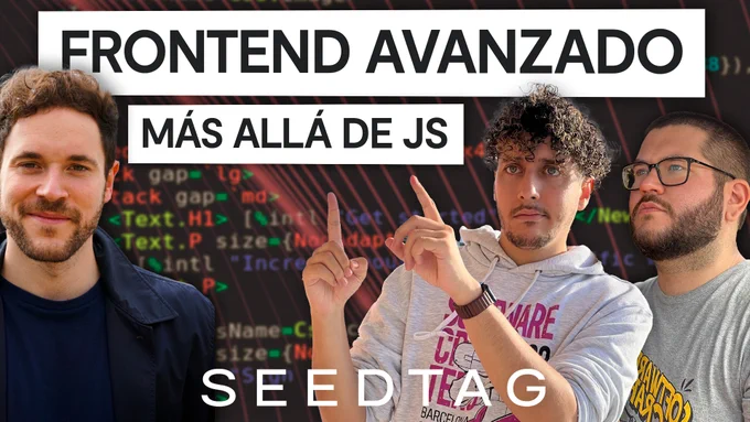 Miniatura del vídeo. Aitor, Rafa e Isma con el texto de Frontend Avanzando de fondo.