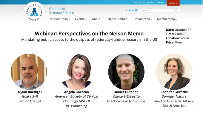 Image for the Webinar titled Perspectives on the Nelson Memo Mandating public access to the outputs of federally-funded research in the US