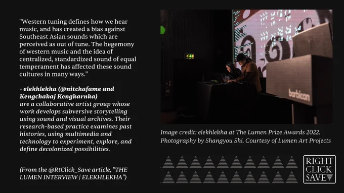 Image credit: elekhlekha at The Lumen Prize Awards 2022. Photography by Shangyou Shi. Courtesy of Lumen Art Projects [2 people with laptops on stage controlling projection behind them via a/v]