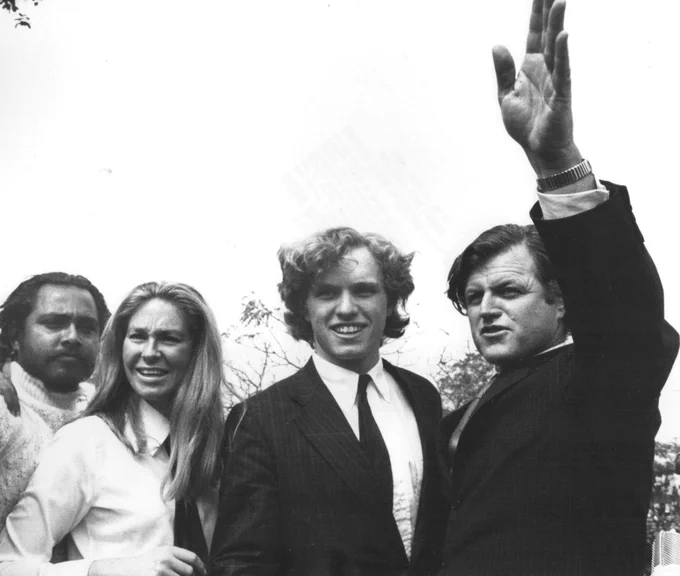 Senator Ted Kennedy with his wife, Joan, and his nephew Joseph Kennedy at Dacca University, Bangladesh (February 14, 1972)