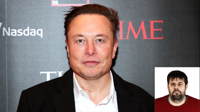 Elon Musk with a hunch backed man in the bottom right corner. 