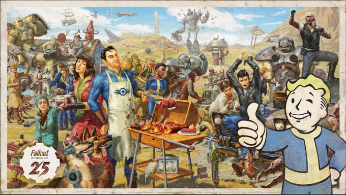 Fallout characters from all titles having a cook out.