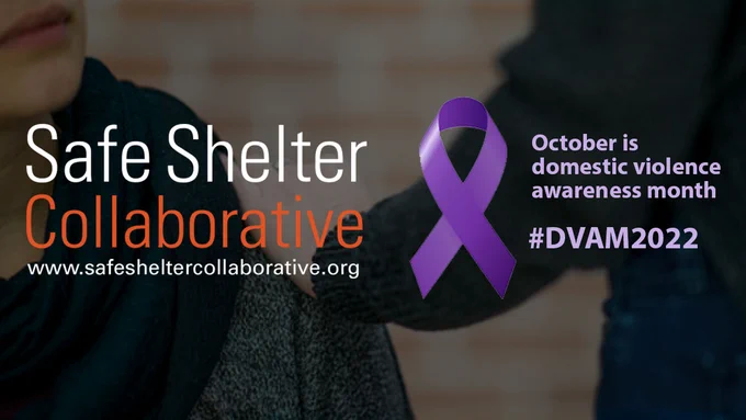 Safe Shelter Collaborative supports Domestic Violence Awareness Month. Background picture is a hand on someone's shoulder. The DVAM purple ribbon and Safe Shelter Collaborative logo are in front with the hashtag #DVAM2022