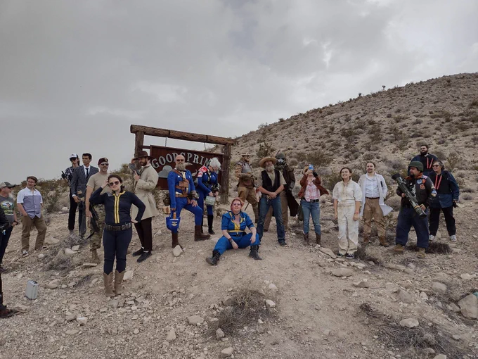 A group of the wonderful Fallout community celebrating Fallout's 25th birthday outside of Goodsprings, Nevada where part of Fallout: New Vegas takes place. 