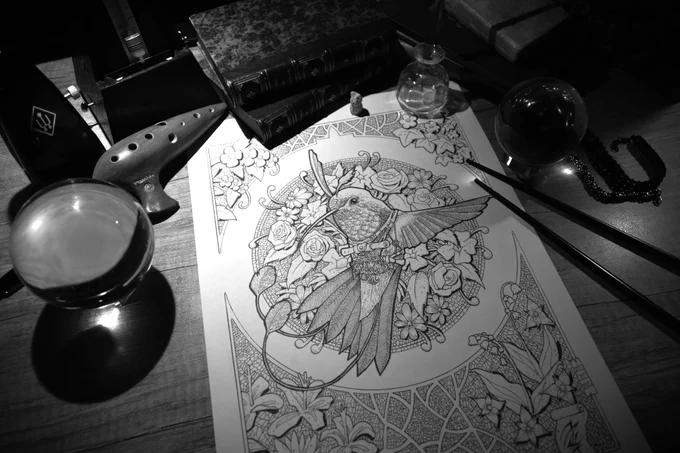 Dessin d'un colibri dans le style art nouveau / steampunk