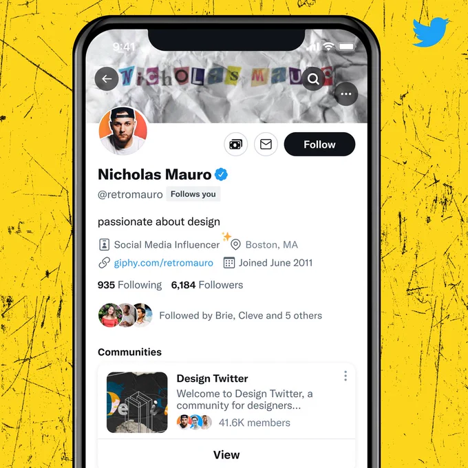 A phone on a yellow background open on a creator's profile. Below the bio section it shows their Community Spotlight of their Community "Design Twitter."