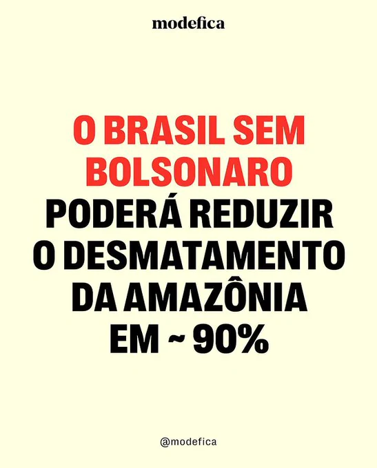 Texto: O Brasil sem Bolsonaro poderá reduzir o desmatamento da Amazônia em ~90%.