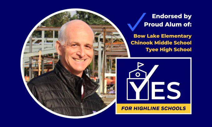 Photo of Rep. Adam Smith and Yes for Highline Schools sign
