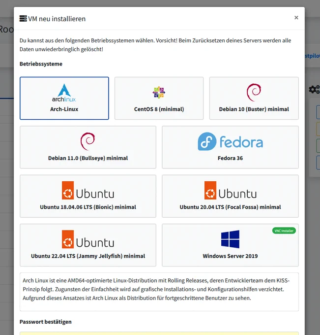 Neue Betriebsysteme sind nun Verfügbar. Arch-linux, CentOS 8, Debian 10 11, Ubuntu, Fedora, Windows Server 2019