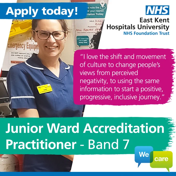 Job advert for a Junior Ward Accreditation Practitioner - Band 7.

'I love the shift and movement of culture to change people's views from perceived negativity, to using the same information to start a positive, progressive, inclusive journey'