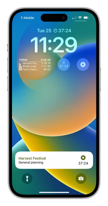 iOS 16 Lock Screen showing Timery widgets and a Live Activity. One widget shows the time tracked today with a small bar chart and a list of things tracked today, another shows the current time entry with a Timery icon and a duration, and another shows a start icon. The Live Activity shows the current time entry and the project, description, and duration.