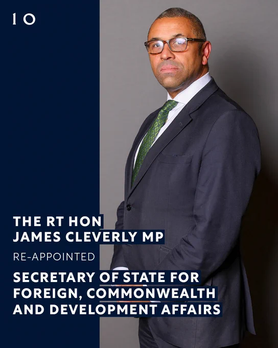 The Rt Hon James Cleverly MP reappointed Secretary of State for Foreign Commonwealth and Development Affairs