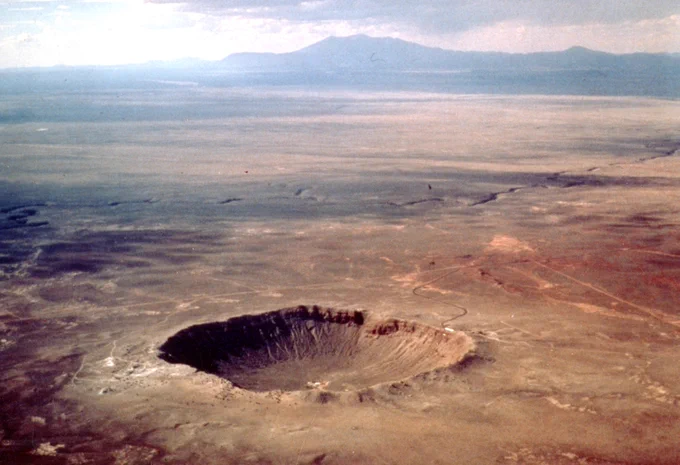 An aerial view of Meteor Crater, in Coconino County Arizona 