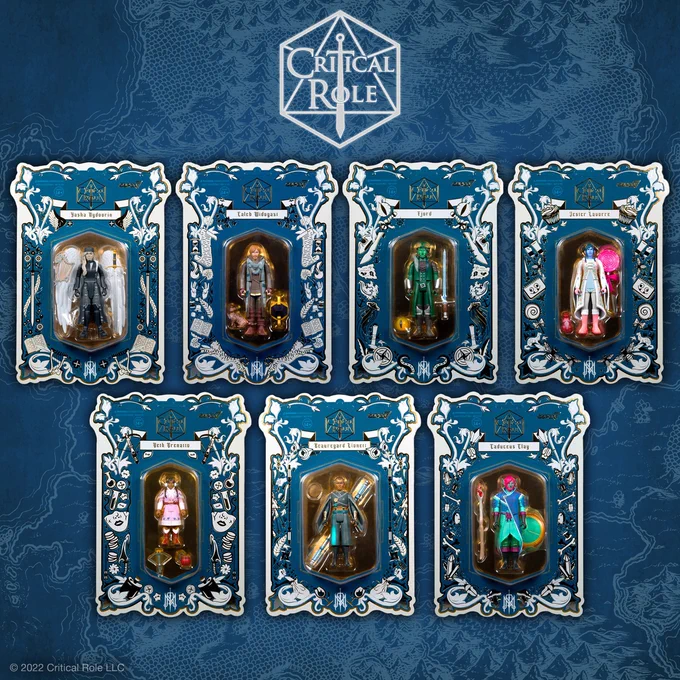 A graphic with a blue map background and the full set of Mighty Nein ReAction Figures in blue and white packaging that is individually detailed for each character. 
