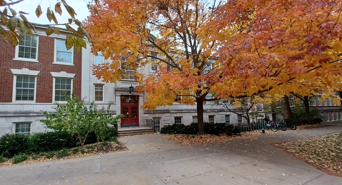 A brick 3-story classroom building with windows visible on the left and in front of the building on the right is a large tree with brilliant yellow and orange leaves.