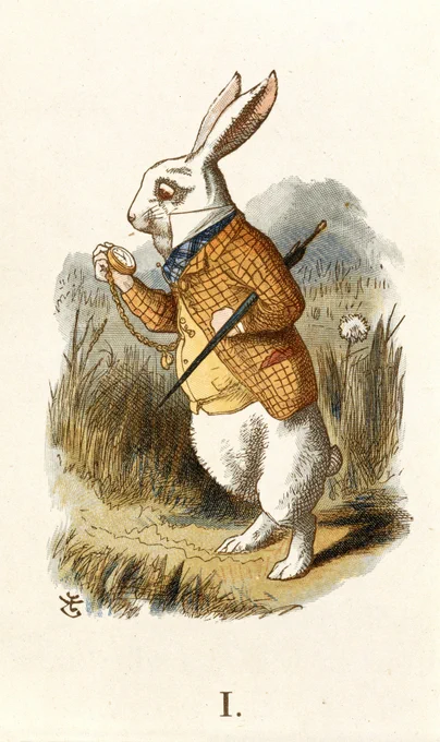 Illustration of the White Rabbit with his pocket watch from Alice's Adventures in Wonderland.