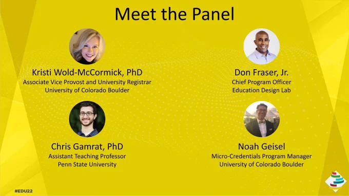 Power point slide with a yellow background declares, "Meet the Panel," and displays the names, titles and headshots of the 3 panelists and moderator. 