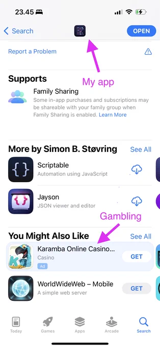 Screenshot of the product page for Runestone, one of my apps, showing an ad for an online casino.