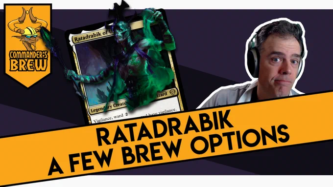 Dark Purple background. Sean looks intrigued. Ratadrabic of Urborg, the card is offset the center. The banner reads "Ratadrabik. A few brew options"