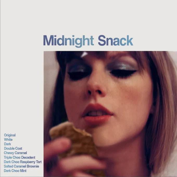 Image of Taylor Swift's album cover for Midnights. Taylor is holding Tim Tam. Text says Midnight Snack and lists flavours on side