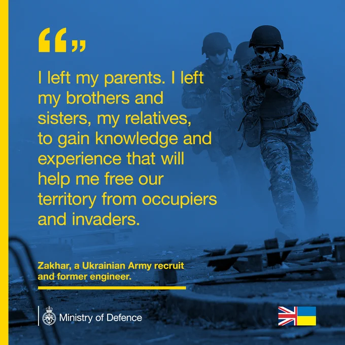 A quote from a Ukrainian Army recruit and former engineer talking about leaving his family behind to defend Ukraine.