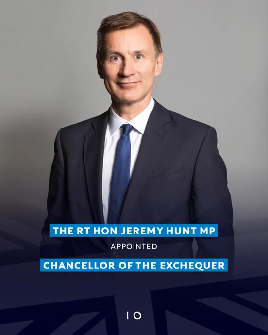 The Rt Hon Jeremy Hunt MP appointed Chancellor of the Exchequer