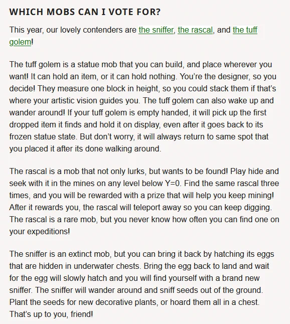 A screenshot with more information on the mobs to vote from the page https://www.minecraft.net/en-us/article/minecraft-live-2022-the-details