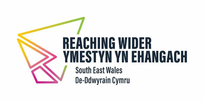 A graphic with a white background and the logo for Reaching Wider, which reads: 'Reaching wider / Ymestyn yn ehangach, South East Wales / De-Ddwyrain Cymru'