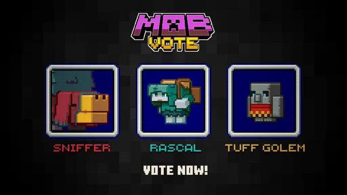 The three options for the Mob Vote are shown in pixel form: Sniffer, rascal, and tuff golem in order. "Vote Now!" text is at the bottom.