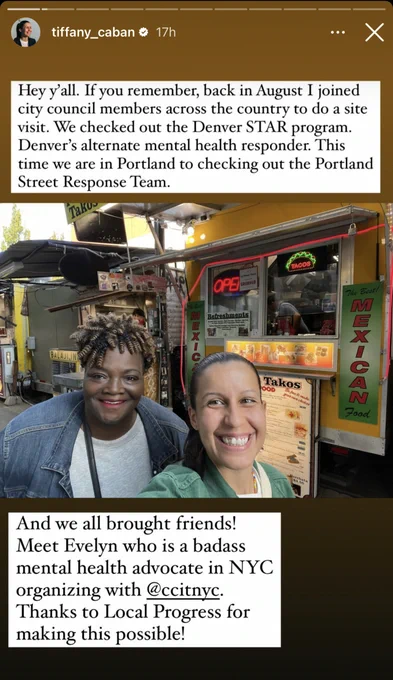 Screenshot of an Instagram story from New York City Councilmember Tiffany Caban talking about her trip to Portland