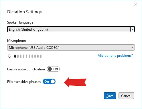 screenshot of Microsoft Office dictation options
