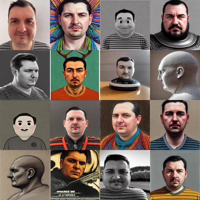 A grid of AI-generated portraits of the same man in 16 different styles.