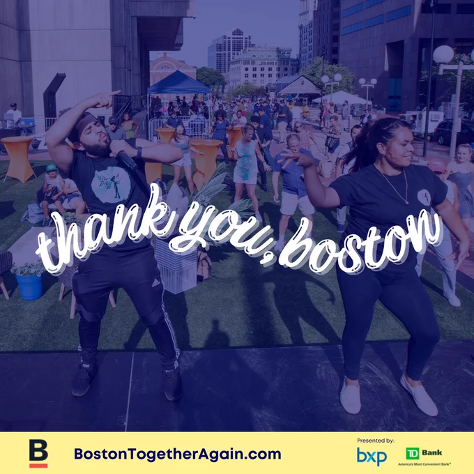 The image shows people dancing outdoors, with a blue overlay on top of the image. The text reads “thank you, Boston” in white letters.