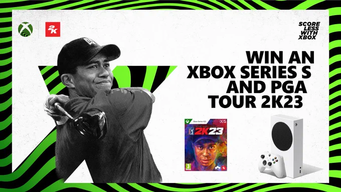 A Score More With Xbox branded asset for PGA Tour 2K23 giveaway. There are visuals of Tiger Woods, PGA Tour 2K23 and an Xbox Series S. The Score More With Xbox logo has been changed to "Score Less With Xbox"
