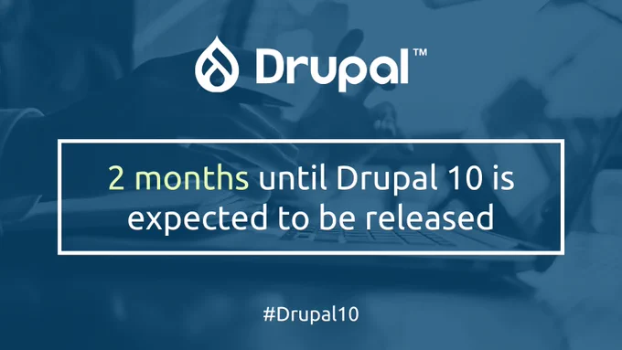 Graphic has text that reads, '2 months until Drupal 10 is expected to be released'