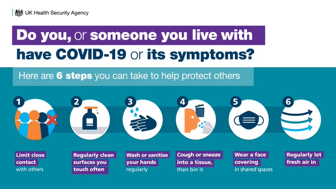 Do you, or someone you live with, have COVID-19 or its symptoms? Here are six steps you can take to help protect others.

1. Limit close contact with others. 2. Regularly clean surfaces you touch often. 3. Wash or sanitise your hands regularly. 4. Cough or sneeze into a tissue, then bin it. 5. Wear a face covering in shared spaces. 6. Regularly let fresh air in.
