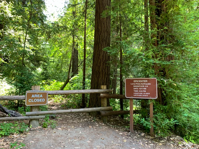 A fence with an "Area Closed" sign hung on it. A forest continues on the other side of the fence