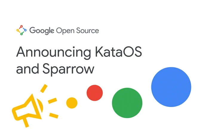 Announcing KataOS and Sparrow graphic on a white background with a yellow megaphone, yellow circle, red circle, green circle, and blue circle all underneath the text.