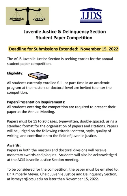 Flyer for student paper competition. All award information is also available at https://www.acjs.org/page/JuvenileJustice 
